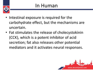 In Human
• Intestinal exposure is required for the
carbohydrate effect, but the mechanisms are
uncertain.
• Fat stimulates the release of cholecystokinin
(CCK), which is a potent inhibitor of acid
secretion; fat also releases other potential
mediators and it activates neural responses.
 