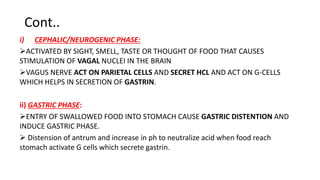 Cont..
i) CEPHALIC/NEUROGENIC PHASE:
ACTIVATED BY SIGHT, SMELL, TASTE OR THOUGHT OF FOOD THAT CAUSES
STIMULATION OF VAGAL NUCLEI IN THE BRAIN
VAGUS NERVE ACT ON PARIETAL CELLS AND SECRET HCL AND ACT ON G-CELLS
WHICH HELPS IN SECRETION OF GASTRIN.
ii) GASTRIC PHASE:
ENTRY OF SWALLOWED FOOD INTO STOMACH CAUSE GASTRIC DISTENTION AND
INDUCE GASTRIC PHASE.
 Distension of antrum and increase in ph to neutralize acid when food reach
stomach activate G cells which secrete gastrin.
 
