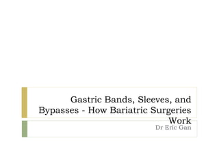 Gastric Bands, Sleeves, and
Bypasses - How Bariatric Surgeries
Work
Dr Eric Gan
 