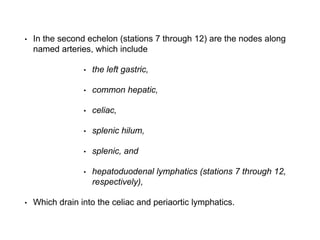 • In the second echelon (stations 7 through 12) are the nodes along
named arteries, which include
• the left gastric,
• common hepatic,
• celiac,
• splenic hilum,
• splenic, and
• hepatoduodenal lymphatics (stations 7 through 12,
respectively),
• Which drain into the celiac and periaortic lymphatics.
 