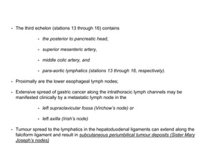 • The third echelon (stations 13 through 16) contains
• the posterior to pancreatic head,
• superior mesenteric artery,
• middle colic artery, and
• para-aortic lymphatics (stations 13 through 16, respectively).
• Proximally are the lower esophageal lymph nodes;
• Extensive spread of gastric cancer along the intrathoracic lymph channels may be
manifested clinically by a metastatic lymph node in the
• left supraclavicular fossa (Virchow’s node) or
• left axilla (Irish’s node)
• Tumour spread to the lymphatics in the hepatoduodenal ligaments can extend along the
falciform ligament and result in subcutaneous periumbilical tumour deposits (Sister Mary
Joseph’s nodes)
 