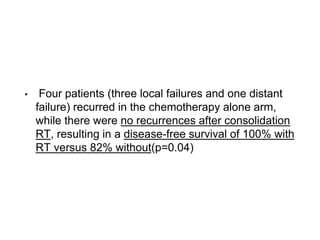 • Four patients (three local failures and one distant
failure) recurred in the chemotherapy alone arm,
while there were no recurrences after consolidation
RT, resulting in a disease-free survival of 100% with
RT versus 82% without(p=0.04)
 