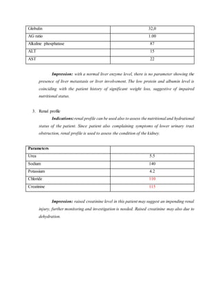 Globulin 32,0
AG ratio 1.00
Alkaline phosphatase 87
ALT 15
AST 22
Impression: with a normal liver enzyme level, there is no parameter showing the
presence of liver metastasis or liver involvement. The low protein and albumin level is
coinciding with the patient history of significant weight loss, suggestive of impaired
nutritional status.
3. Renal profile
Indications:renal profile can be used also to assess the nutritional and hydrational
status of the patient. Since patient also complaining symptoms of lower urinary tract
obstruction, renal profile is used to assess the condition of the kidney.
Parameters
Urea 5.5
Sodium 140
Potassium 4.2
Chloride 110
Creatinine 115
Impression: raised creatinine level in this patient may suggest an impending renal
injury, further monitoring and investigation is needed. Raised creatinine may also due to
dehydration.
 