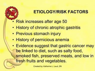 ETIOLOGY/RISK FACTORS

•   Risk increases after age 50
•   History of chronic atrophic gastritis
•   Previous stomach injury
•   History of pernicious anemia
•   Evidence suggest that gastric cancer may
    be linked to diet, such as salty food,
    smoked fish, preserved meats, and low in
    fresh fruits and vegetables.
            Created by: Katherine L. Laud, SN
 