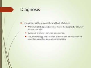 Diagnosis
 Endoscopy is the diagnostic method of choice.
 With multiple biopsies (seven or more) the diagnostic accuracy
approaches 98%.
 Cytologic brushings can also be obtained.
 Size, morphology, and location of tumor can be documented,
as well as any other mucosal abnormalities.
 
