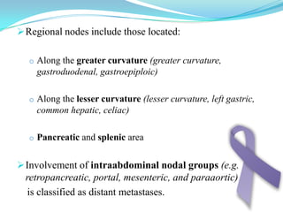 Spread:-Direct :It extends to seroperitonium then to the near by organs (pancreas , spleen , liver , transverse colon ) .Tumor in cardia : spread to esophagus Tumor in pylorus : to duodenum .Lymphatic : (very aggressive )to lymphnodes in greater and lesser curvature .celiac and para aortic mediastinal (for tumors of the cardia)virschaw lymph nodes 