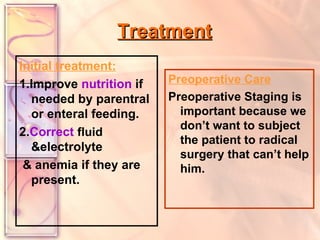 Treatment Initial treatment: 1.Improve  nutrition  if needed by parentral or enteral feeding. 2. Correct  fluid  &electrolyte & anemia if they are present. Preoperative Care Preoperative Staging is important because we don’t want to subject the patient to radical surgery that can’t help him. 
