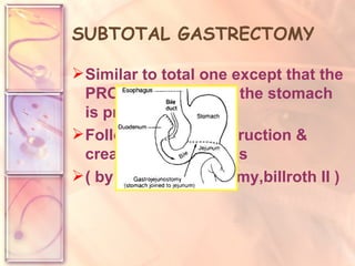 SUBTOTAL GASTRECTOMY Similar to total one except that the PROXIMAL PART of the stomach is preserved Followed by reconstruction & creating anastomosis  ( by gastrojejunostomy,billroth II ) 