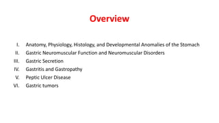 Overview
I. Anatomy, Physiology, Histology, and Developmental Anomalies of the Stomach
II. Gastric Neuromuscular Function and Neuromuscular Disorders
III. Gastric Secretion
IV. Gastritis and Gastropathy
V. Peptic Ulcer Disease
VI. Gastric tumors
 