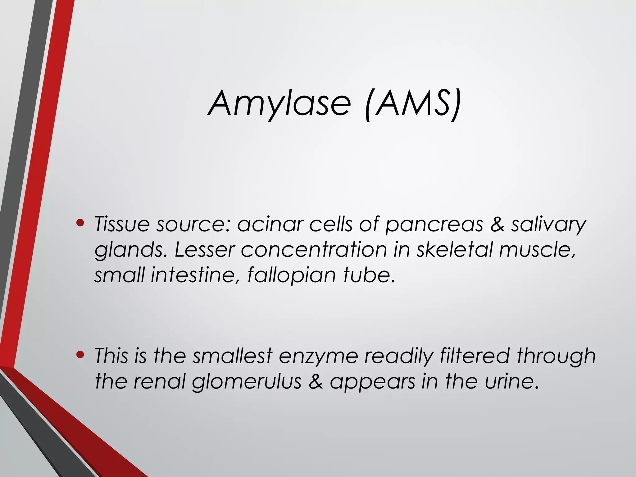 Amylase (AMS)
• Tissue source: acinar cells of pancreas & salivary
glands. Lesser concentration in skeletal muscle,
small intestine, fallopian tube.
• This is the smallest enzyme readily filtered through
the renal glomerulus & appears in the urine.
 