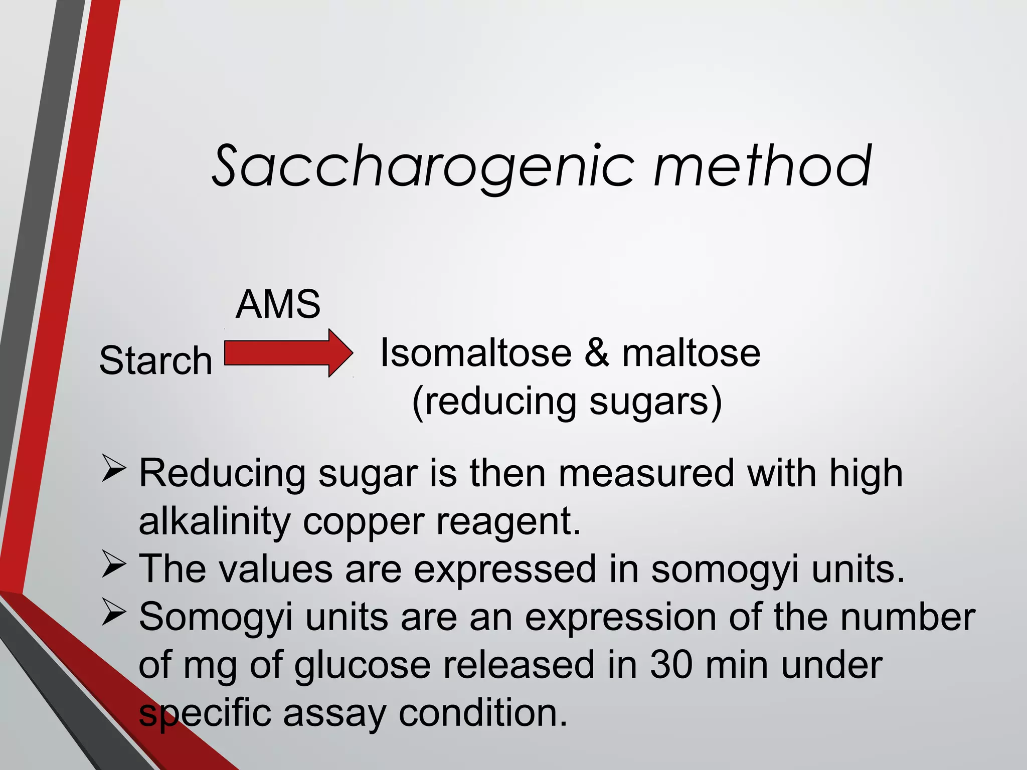 Saccharogenic method
Starch Isomaltose & maltose
AMS
(reducing sugars)
 Reducing sugar is then measured with high
alkalinity copper reagent.
 The values are expressed in somogyi units.
 Somogyi units are an expression of the number
of mg of glucose released in 30 min under
specific assay condition.
 