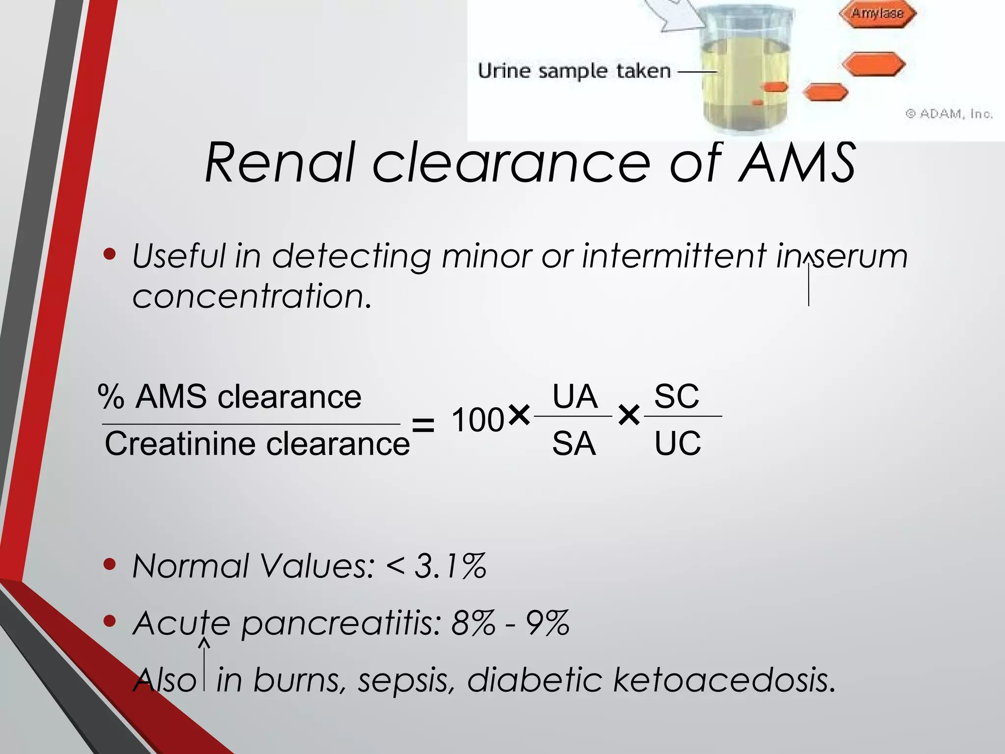 Renal clearance of AMS
• Useful in detecting minor or intermittent in serum
concentration.
• Normal Values: < 3.1%
• Acute pancreatitis: 8% - 9%
• Also in burns, sepsis, diabetic ketoacedosis.
% AMS clearance
Creatinine clearance= 100
UA SC
SA UC
× ×
 