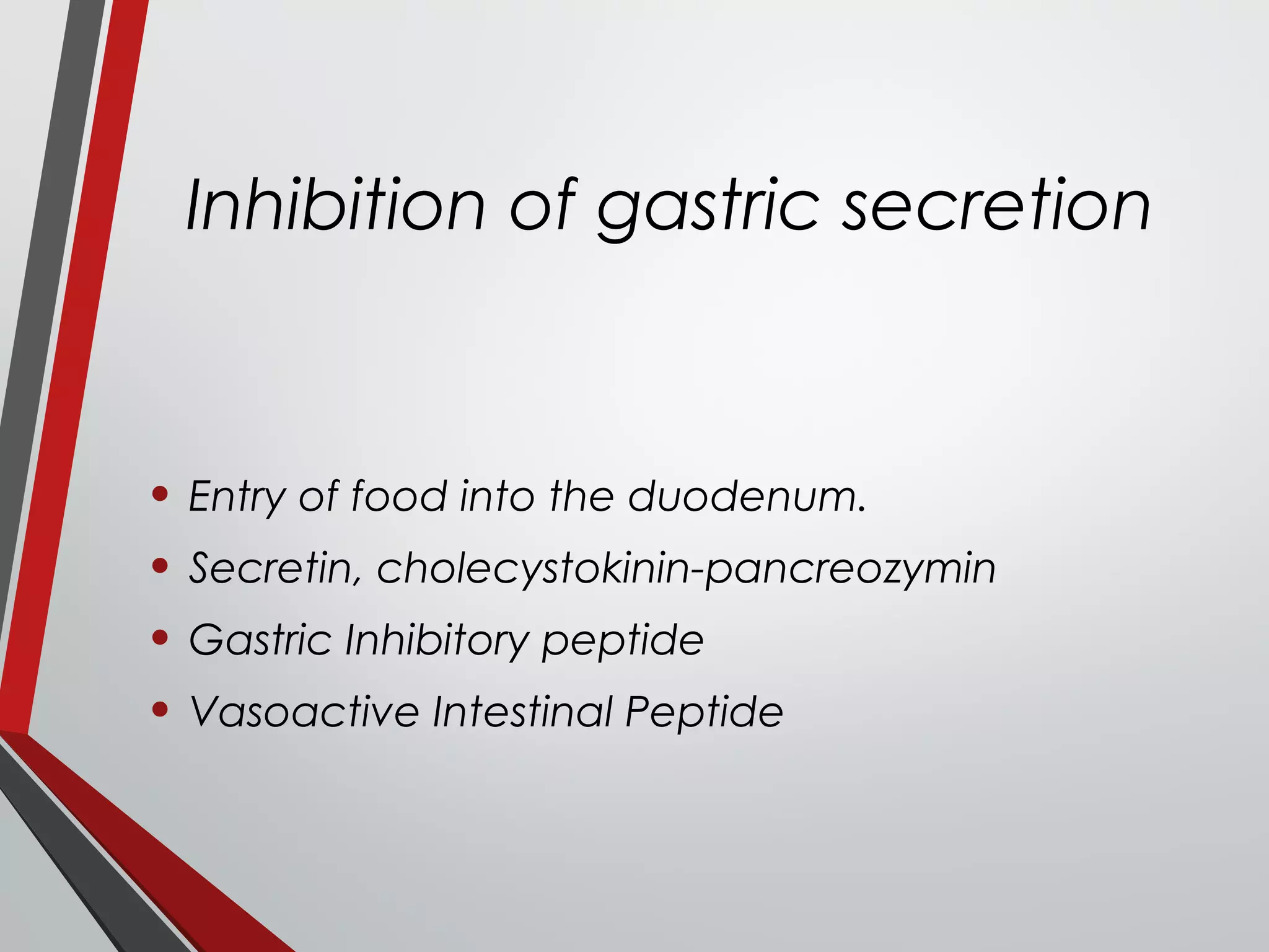 Inhibition of gastric secretion
• Entry of food into the duodenum.
• Secretin, cholecystokinin-pancreozymin
• Gastric Inhibitory peptide
• Vasoactive Intestinal Peptide
 