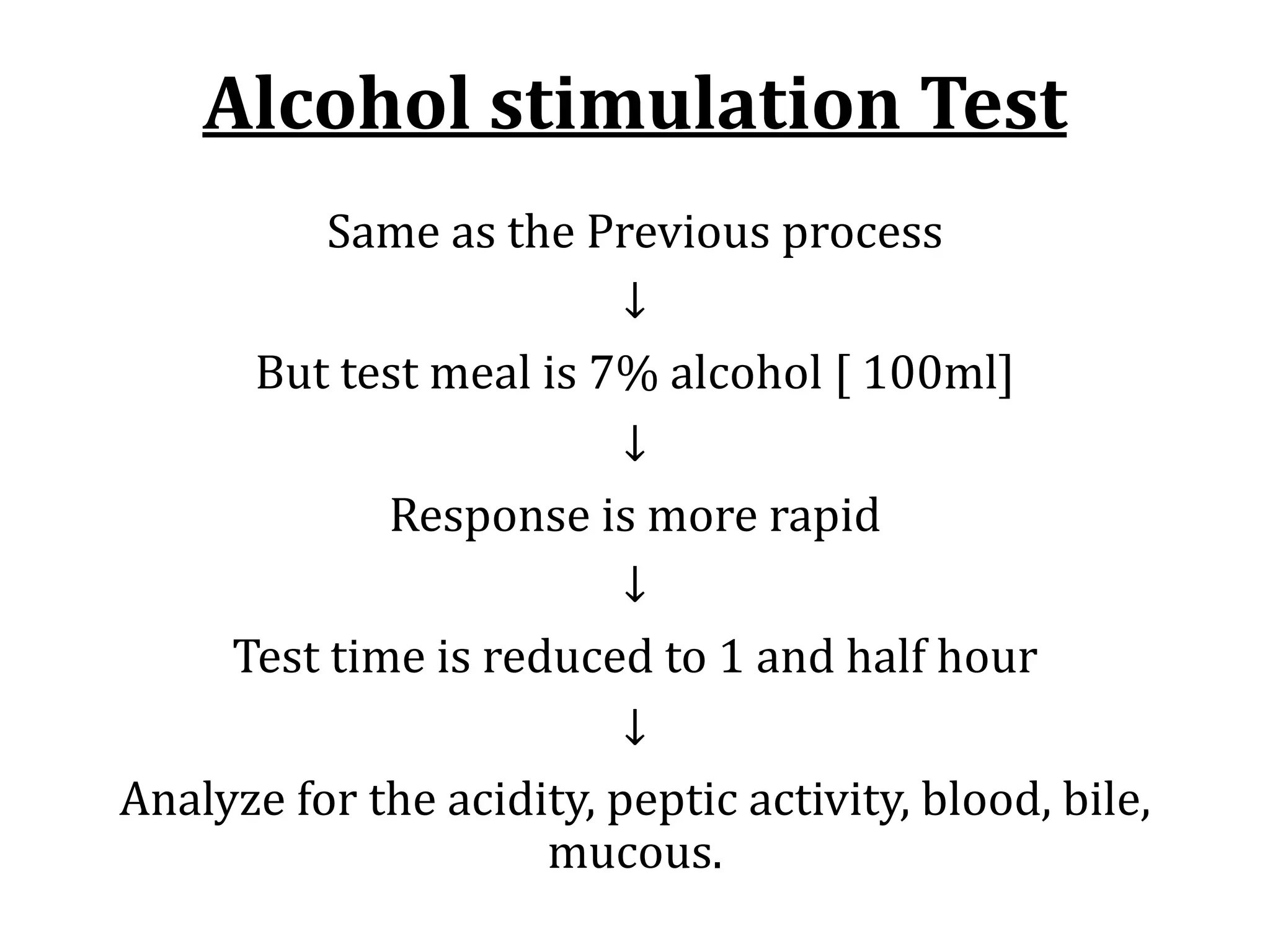 Alcohol	stimulation	Test
Same	as	the	Previous	process
↓
But	test	meal	is	7%	alcohol	[	100ml]
↓
Response	is	more	rapid
↓
Test	time	is	reduced	to	1	and	half	hour
↓
Analyze	for	the	acidity,	peptic	activity,	blood,	bile,	
mucous.
 