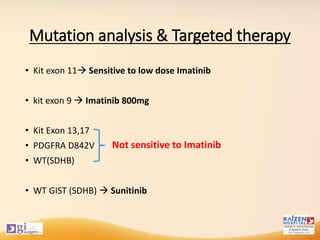 Mutation analysis & Targeted therapy
• Kit exon 11 Sensitive to low dose Imatinib
• kit exon 9  Imatinib 800mg
• Kit Exon 13,17
• PDGFRA D842V
• WT(SDHB)
• WT GIST (SDHB)  Sunitinib
Not sensitive to Imatinib
 