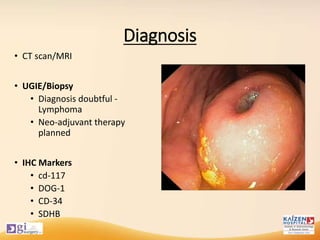 Diagnosis
• CT scan/MRI
• UGIE/Biopsy
• Diagnosis doubtful -
Lymphoma
• Neo-adjuvant therapy
planned
• IHC Markers
• cd-117
• DOG-1
• CD-34
• SDHB
 