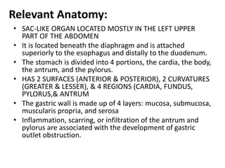 Relevant Anatomy: 
• SAC-LIKE ORGAN LOCATED MOSTLY IN THE LEFT UPPER 
PART OF THE ABDOMEN 
• It is located beneath the diaphragm and is attached 
superiorly to the esophagus and distally to the duodenum. 
• The stomach is divided into 4 portions, the cardia, the body, 
the antrum, and the pylorus. 
• HAS 2 SURFACES (ANTERIOR & POSTERIOR), 2 CURVATURES 
(GREATER & LESSER), & 4 REGIONS (CARDIA, FUNDUS, 
PYLORUS,& ANTRUM 
• The gastric wall is made up of 4 layers: mucosa, submucosa, 
muscularis propria, and serosa 
• Inflammation, scarring, or infiltration of the antrum and 
pylorus are associated with the development of gastric 
outlet obstruction. 
 