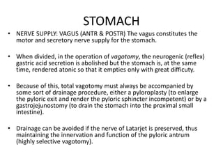 STOMACH 
• NERVE SUPPLY: VAGUS (ANTR & POSTR) The vagus constitutes the 
motor and secretory nerve supply for the stomach. 
• When divided, in the operation of vagotomy, the neurogenic (reflex) 
gastric acid secretion is abolished but the stomach is, at the same 
time, rendered atonic so that it empties only with great difficuty. 
• Because of this, total vagotomy must always be accompanied by 
some sort of drainage procedure, either a pyloroplasty (to enlarge 
the pyloric exit and render the pyloric sphincter incompetent) or by a 
gastrojejunostomy (to drain the stomach into the proximal small 
intestine). 
• Drainage can be avoided if the nerve of Latarjet is preserved, thus 
maintaining the innervation and function of the pyloric antrum 
(highly selective vagotomy). 
 