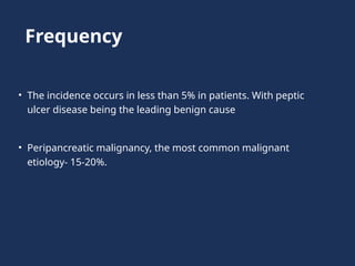 Frequency
• The incidence occurs in less than 5% in patients. With peptic
ulcer disease being the leading benign cause
• Peripancreatic malignancy, the most common malignant
etiology- 15-20%.
 