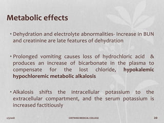 2/3/2018 CHITWAN MEDICAL COLLEGE 20
Metabolic effects
• Dehydration and electrolyte abnormalities- Increase in BUN
and creatinine are late features of dehydration
• Prolonged vomiting causes loss of hydrochloric acid &
produces an increase of bicarbonate in the plasma to
compensate for the lost chloride, hypokalemic
hypochloremic metabolic alkalosis
• Alkalosis shifts the intracellular potassium to the
extracellular compartment, and the serum potassium is
increased factitiously
 