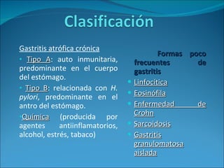 Gastritis atrófica crónica Tipo A : auto inmunitaria, predominante en el cuerpo del estómago. Tipo B : relacionada con  H. pylori , predominante en el antro del estómago. Química  (producida por agentes antiinflamatorios, alcohol, estrés, tabaco) Formas poco frecuentes de gastritis Linfocítica Eosinófila Enfermedad de Crohn Sarcoidosis Gastritis granulomatosa aislada 