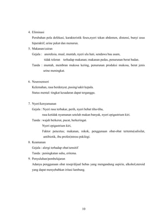 4. Eliminasi
Perubahan pola defekasi, karakteristik feses,nyeri tekan abdomen, distensi, bunyi usus
hiperaktif, urine pekat dan menurun.
5. Makanan/cairan
Gejala : anoreksia, mual, muntah, nyeri ulu hati, sendawa bau asam,
tidak toleran

terhadap makanan; makanan pedas, penurunan berat badan.

Tanda : muntah, membran mukosa kering, penurunan produksi mukosa, berat jenis
urine meningkat.

6. Neurosensori
Kelemahan, rasa berdenyut, pusing/sakit kepala.
Status mental: tingkat kesadaran dapat terganggu.

7. Nyeri/kenyamanan
Gejala : Nyeri rasa terbakar, perih, nyeri hebat tiba-tiba,
rasa ketidak nyamanan setelah makan banyak, nyeri epigastrium kiri.
Tanda : wajah berkerut, pucat, berkeringat.
Nyeri epigastrium kiri,
Faktor pencetus; makanan, rokok, penggunaan obat-obat tertentu(salisilat,
antibiotik, ibu profen)stress pskilogi.
8. Keamanan
Gejala : alergi terhadap obat/sensitif
Tanda : peningkatan suhu, eritema.
9. Penyuluhan/pembelajaran
Adanya penggunaan obat resep/dijual bebas yang mengandung aspirin, alkohol,steroid
yang dapat menyebabkan iritasi lambung.

10

 