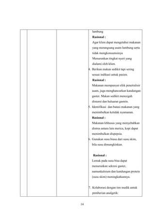 lambung
Rasional :
Agar klien dapat mengetahui makanan
yang merangsang asam lambung serta
tidak mengkonsumsinya
Menurunkan tingkat nyeri yang
dialami oleh klien.
4. Berikan makan sedikit tapi sering
sesuai indikasi untuk pasien.
Rasional :
Makanan mempunyai efek penetralisir
asam, juga menghancurkan kandungan
gaster. Makan sedikit mencegah
distensi dan haluaran gastrin.
5. Identifikasi dan batasi makanan yang
menimbulkan ketidak nyamanan.
Rasional :
Makanan khhusus yang menyebabkan
distres antara lain merica, kopi dapat
menimbulkan dispepsia.
6. Gunakan susu biasa dari susu skim,
bila susu dimungkinkan.

Rasional :
Lemak pada susu bisa dapat
menurunkan sekresi gaster,
namunkalsium dan kandungan protein
(susu skim) meningkatkannya.

7. Kolaborasi dengan tim medik untuk
pemberian analgetik:

14

 