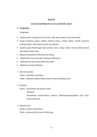 BAB III
ASUHAN KEPERAWATAN GASTRITIS AKUT
A. Pengkajian
Pengkajian :
•

Apakah pasien mengeluh nyeri ulu hati, tidak dapat makan, mual dan muntah

•

Kapan terjadinya gejala, apakah sebelum makan, setelah makan, setelah mencerna
makanan pedas, obat-obatan tertentu atau alkohol

•

Apakah gejala berhubungan dgn ansietas, strees, alergi, makan minum terlalu banyak
atau makan terlalu cepat

•

Bagaimana gejalanya berkurang atau hilang

•

Apakah ada riwayat penyakit Lambung sebelumnya

•

Apakah pasien ada muntah darah atau tidak

•

Adakah nyeri tekan abdomen

1. Aktivitas/istrahat
Gejala : kelemahan, kelelahan
Tanda : takikardi, takipnea/hiperventilasi (respon terhadap nyeri)

2. Sirkulasi
Gejala : Kelemahan/nadi perifer lemah
Takikardi
Kelembapan kulit/membran mukosa: berkeringat(menunjukan nyeri akut,
respon psikologi)

3. Integritas ego
Gejala : perasaan tak berdaya
Tanda : ansietas,gelisah, pucat, berkeringat

9

 