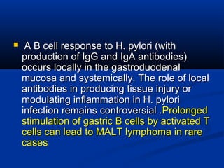  AA BB cceellll rreessppoonnssee ttoo HH.. ppyylloorrii ((wwiitthh 
pprroodduuccttiioonn ooff IIggGG aanndd IIggAA aannttiibbooddiieess) 
ooccccuurrss llooccaallllyy iinn tthhee ggaassttrroodduuooddeennaall 
mmuuccoossaa aanndd ssyysstteemmiiccaallllyy.. TThhee rroollee ooff llooccaall 
aannttiibbooddiieess iinn pprroodduucciinngg ttiissssuuee iinnjjuurryy oorr 
mmoodduullaattiinngg iinnffllaammmmaattiioonn iinn HH.. ppyylloorrii 
iinnffeeccttiioonn rreemmaaiinnss ccoonnttrroovveerrssiiaall ..PPrroolloonnggeedd 
ssttiimmuullaattiioonn ooff ggaassttrriicc BB cceellllss bbyy aaccttiivvaatteedd TT 
cceellllss ccaann lleeaadd ttoo MMAALLTT llyymmpphhoommaa iinn rraarree 
ccaasseess 
 