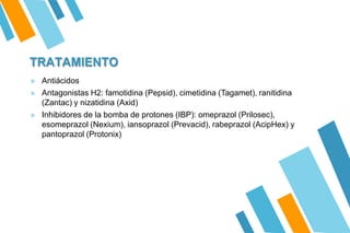TRATAMIENTO
» Antiácidos
» Antagonistas H2: famotidina (Pepsid), cimetidina (Tagamet), ranitidina
(Zantac) y nizatidina (Axid)
» Inhibidores de la bomba de protones (IBP): omeprazol (Prilosec),
esomeprazol (Nexium), iansoprazol (Prevacid), rabeprazol (AcipHex) y
pantoprazol (Protonix)
 