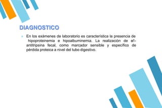 DIAGNOSTICO
» En los exámenes de laboratorio es característica la presencia de
antitripsina fecal, como marcador sensible y específico
hipoproteinemia e hipoalbuminemia. La realización de α
-1-
de
pérdida proteica a nivel del tubo digestivo.
 