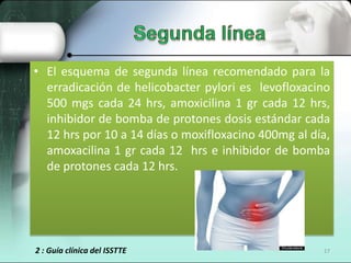 • El esquema de segunda línea recomendado para la
  erradicación de helicobacter pylori es levofloxacino
  500 mgs cada 24 hrs, amoxicilina 1 gr cada 12 hrs,
  inhibidor de bomba de protones dosis estándar cada
  12 hrs por 10 a 14 días o moxifloxacino 400mg al día,
  amoxacilina 1 gr cada 12 hrs e inhibidor de bomba
  de protones cada 12 hrs.




2 : Guía clínica del ISSTTE                          17
 