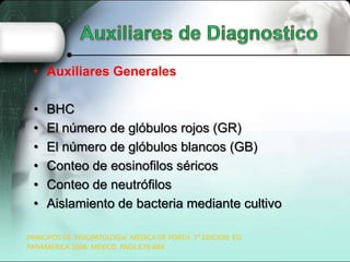 • Auxiliares Generales

 •   BHC
 •   El número de glóbulos rojos (GR)
 •   El número de glóbulos blancos (GB)
 •   Conteo de eosinofilos séricos
 •   Conteo de neutrófilos
 •   Aislamiento de bacteria mediante cultivo

PRINCIPOS DE FISIOPATOLOGIA MEDICA DE PORTH 7° EDICION ED.
PANAMERICA 2008. MEXICO PAGS:678-684
 
