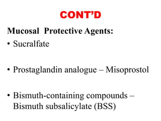 CONT’D
Mucosal Protective Agents:
• Sucralfate
• Prostaglandin analogue – Misoprostol
• Bismuth-containing compounds –
Bismuth subsalicylate (BSS)
 