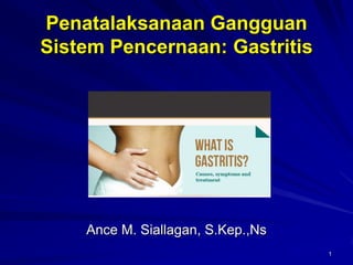 Penatalaksanaan Gangguan
Sistem Pencernaan: Gastritis
Ance M. Siallagan, S.Kep.,Ns
1
 