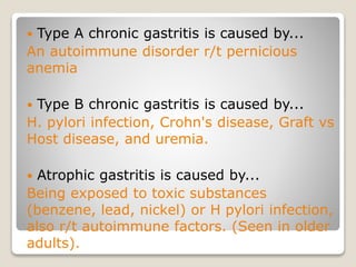  Type A chronic gastritis is caused by...
An autoimmune disorder r/t pernicious
anemia
 Type B chronic gastritis is caused by...
H. pylori infection, Crohn's disease, Graft vs
Host disease, and uremia.
 Atrophic gastritis is caused by...
Being exposed to toxic substances
(benzene, lead, nickel) or H pylori infection,
also r/t autoimmune factors. (Seen in older
adults).
 