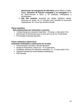   98	
  
disminución de conjugación de bilirrubina (sd de Gilbert y Crigler-
Najjar). Elevación de fracción conjugada y no conjugada en sd
de Dubin-Jhonson y Rotor, y en colestasis intrahepatica y
extrahepatica.
b. Alfa feto proteína: producida por células hepáticas fetales.
Dismunye en adulto. Es un marcador poco sensible de carcinoma
hepatocelular. En 1/3 no hay aumento de este.
Patron hepatítico
Daño hepatocelular por inflamación y necrosis.
§ Transaminasas con elevación importante (10 veces o más sobre V.N.)
§ Disminución de Protrombina que no varia con uso de Vit. K parenteral.
§ FA normales o discreta elevación.
Patron colestasico (obstructivo)
Colestasia intrahepática u obstrucción de vía biliar.
§ Transaminasas normales o discreta elevación.
§ Si baja la Protrombina, mejora con Vit. K parenteral.
§ Fosfatasas Alcalinas con elevación importante (5 - 10 veces sobre V.N.)
§ Colesterol elevado (en enfermedades colestásicas).
§ GGT elevada.
 