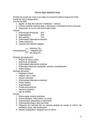   17	
  
Hemorragia digestiva baja
Perdida de sangre por recto cuyo origen se encuentra distal al angulo de Treitz.
Puede ser leve a exaguinante
Formas de HDB
1. Aguda: <3 días de evolución (moderada – masiva)
2. Crónica: perdida continua (días o semanas) o intermitente (como anemias)
3. Inaparente: se ve con test hemorragia oculta
Causas
1. Enfermedad diverticular 40%
2. Angiodisplasia 30%
3. Neo colonica 14%
4. Enfermedad inflamatoria intestinal
5. Colitis isquémica
6. Lesiones del intestino delgado
Colonica 74%
Hematoquezia I. Delgado 20%
Sin causa 6%
Etiología del adolecente
• Pólipos de recto y colon
• Divertículo de Meckel
• Enfermedad inflamatoria intestinal
• Enteroditis infecciosa (amebiasis, yersinia, campilobacter)
• Fiebre tifoidea
Etiología del adulto
• Patología orificial
• Pólipos colon y recto
• Cáncer colorectal
• Enfermedad inflamatoria intestinal
• Fiebre tifoidea
• Angiodisplasia
• Fistula aorto-enterica
• Isquemia intestinal
• Uso de AINES
Estudio
1. Hemorragias ocultas (anemias)
2. Enema baritado: indica lesión, no causa
3. Colonoscopia: diagnostico y tratamiento
4. Enteroscopia (llega a íleon terminal)
5. Citigrama con tecnesio 99: se necesita perdida de sangre 0.1ml/min. No
establece causa, solo localización.
6. Estudio angiografico: sangrado de 0.5 ml/min
 