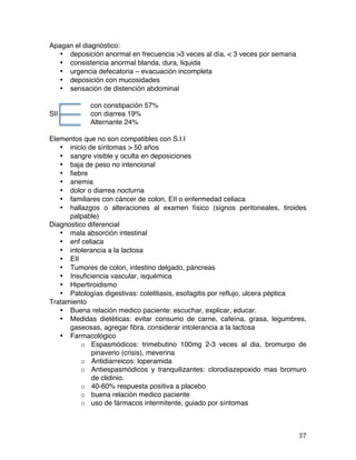   37	
  
Apagan el diagnóstico:
• deposición anormal en frecuencia >3 veces al día, < 3 veces por semana
• consistencia anormal blanda, dura, liquida
• urgencia defecatoria – evacuación incompleta
• deposición con mucosidades
• sensación de distención abdominal
con constipación 57%
SII con diarrea 19%
Alternante 24%
Elementos que no son compatibles con S.I.I
• inicio de síntomas > 50 años
• sangre visible y oculta en deposiciones
• baja de peso no intencional
• fiebre
• anemia
• dolor o diarrea nocturna
• familiares con cáncer de colon, EII o enfermedad celiaca
• hallazgos o alteraciones al examen físico (signos peritoneales, tiroides
palpable)
Diagnostico diferencial
• mala absorción intestinal
• enf celiaca
• intolerancia a la lactosa
• EII
• Tumores de colon, intestino delgado, páncreas
• Insuficiencia vascular, isquémica
• Hipertiroidismo
• Patologías digestivas: colelitiasis, esofagitis por reflujo, ulcera péptica
Tratamiento
• Buena relación medico paciente: escuchar, explicar, educar.
• Medidas dietéticas: evitar consumo de carne, cafeína, grasa, legumbres,
gaseosas, agregar fibra, considerar intolerancia a la lactosa
• Farmacológico
o Espasmódicos: trimebutino 100mg 2-3 veces al dia, bromurpo de
pinaverio (crisis), meverina
o Antidiarreicos: loperamida
o Antiespasmódicos y tranquilizantes: clorodiazepoxido mas bromuro
de clidinio.
o 40-60% respuesta positiva a placebo
o buena relación medico paciente
o uso de fármacos intermitente, guiado por síntomas
 