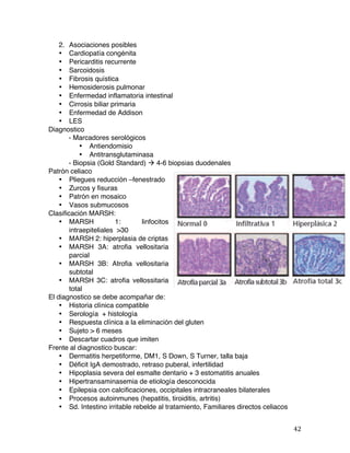   42	
  
2. Asociaciones posibles
• Cardiopatía congénita
• Pericarditis recurrente
• Sarcoidosis
• Fibrosis quística
• Hemosiderosis pulmonar
• Enfermedad inflamatoria intestinal
• Cirrosis biliar primaria
• Enfermedad de Addison
• LES
Diagnostico
- Marcadores serológicos
• Antiendomisio
• Antitransglutaminasa
- Biopsia (Gold Standard) à 4-6 biopsias duodenales
Patrón celiaco
• Pliegues reducción –fenestrado
• Zurcos y fisuras
• Patrón en mosaico
• Vasos submucosos
Clasificación MARSH:
• MARSH 1: linfocitos
intraepiteliales >30
• MARSH 2: hiperplasia de criptas
• MARSH 3A: atrofia vellositaria
parcial
• MARSH 3B: Atrofia vellositaria
subtotal
• MARSH 3C: atrofia vellossitaria
total
El diagnostico se debe acompañar de:
• Historia clínica compatible
• Serología + histología
• Respuesta clínica a la eliminación del gluten
• Sujeto > 6 meses
• Descartar cuadros que imiten
Frente al diagnostico buscar:
• Dermatitis herpetiforme, DM1, S Down, S Turner, talla baja
• Déficit IgA demostrado, retraso puberal, infertilidad
• Hipoplasia severa del esmalte dentario + 3 estomatitis anuales
• Hipertransaminasemia de etiología desconocida
• Epilepsia con calcificaciones, occipitales intracraneales bilaterales
• Procesos autoinmunes (hepatitis, tiroiditis, artritis)
• Sd. Intestino irritable rebelde al tratamiento, Familiares directos celiacos
 