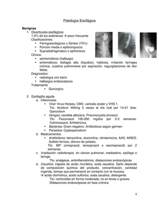   4	
  
Patología Esofágica
Benignas
1. Divertículos esofágicos
1-2% de los exámenes à poco frecuente
Clasificaciones:
• Faringoesofagicos o Zenker (75%)
• Porcion media o epibronquicos
• Supradiafragmatico o epifrenicos
Clínica:
• asintomáticos (hallazgo)
• sintomáticos: disfagia alta (líquidos), halitosis, irritación faríngea
crónica, cuadros pulmonares por aspiración, regurgitaciones de olor
fétido.
Diagnostico:
• radiología con bario
• hallazgos endoscópicos
Tratamiento
• Quirúrgico.
2. Esofagitis aguda
a. Infecciosas
• Viral: Virus Herpes, CMV, varicela zoster y VHS 1.
Tto: Aciclovir 400mg 5 veces al día oral por 14-21 días.
Ganciclovir
• Hongos: candida albicans, Pneumocystis jirovecci
Tto: Fluconazol 100-200 mg/día por 2-3 semanas.
Cotrimoxazol. Anfotericina.
• Bacterias: Gram negativo. Antibioticos según germen
• Parasitos: Cyptosporodium
b. Medicamentos
• Antibióticos: tetraciclina, doxiciclina, clindamicina, AAS, AINES.
Sulfato ferroso, cloruro de potasio.
Tto: IBP (omeprazol, lansoprazol o esomeprazol) por 2
semanas.
c. Irradiación: radioterapia en cáncer pulmonar, mediastino, esófago o
laringe.
Tto: analgesia, antiinflamatorios, dilataciones endoscópicas
d. Caustica: ingesta de acido muriático, soda caustica. Daño depende
de composición química del producto, concentración, cantidad
ingerida, tiempo que permaneció en contacto con la mucosa.
à acido clorhídrico, acido sulfúrico, soda caustica, detergente.
Tto: corticoides en forma moderada, no en leves o graves.
Dilataciones endoscópicas en fase crónica
 