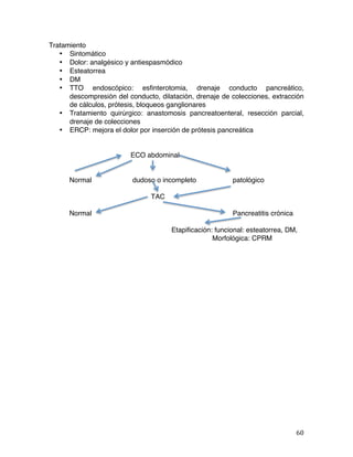   60	
  
Tratamiento
• Sintomático
• Dolor: analgésico y antiespasmódico
• Esteatorrea
• DM
• TTO endoscópico: esfinterotomia, drenaje conducto pancreático,
descompresión del conducto, dilatación, drenaje de colecciones, extracción
de cálculos, prótesis, bloqueos ganglionares
• Tratamiento quirúrgico: anastomosis pancreatoenteral, resección parcial,
drenaje de colecciones
• ERCP: mejora el dolor por inserción de prótesis pancreática
ECO abdominal
Normal dudoso o incompleto patológico
TAC
Normal Pancreatitis crónica
Etapificación: funcional: esteatorrea, DM,
Morfológica: CPRM
 