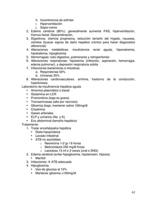   62	
  
h. Incontinencia de esfínter
i. Hiperventilación
j. Sopor-coma
2. Edema cerebral (80%): generalmente aumenta PAS, hiperventilación,
trismus facial. Descerebración.
3. Digestivos: ictericia progresiva, reducción tamaño del hígado, nauseas,
vómitos (buscar signos de daño hepático crónico para hacer diagnostico
diferencial)
4. Alteraciones metabólicas: insuficiencia renal aguda, hiponatremia,
hipokalemia, hipoglicemia
5. Hemorragias: tubo digestivo, pulmonares y retroperitoneo
6. Alteraciones respiratorias: hipoxemia (infección, aspiración, hemorragia,
edema pulmonar), y depresión respiratoria súbita
7. Infecciones bacterianas o micoticas
a. Respiratorias 50%
b. Urinarias 25%
8. Alteraciones cardiovasculares: arritmia, trastorno de la conducción,
hiperkinesia
Laboratorio de insuficiencia hepática aguda
• Amonios plasmático o basal
• Glutamina en LCR
• Protrombina (baja es grave)
• Transaminasas (alta por necrosis)
• Glicemia (baja, mantener sobre 100mg/dl
• Creatinina
• Gases arteriales
• ELP y urinarios (Na y K)
• Eco abdominal (tamaño hepático)
Tratamiento
1. Tratar encefalopatía hepática
• Dieta hipoproteica
• Lavado intestinal
• ATB no asorbibles
o Neomicina 1-2 gr / 6 horas
o Metronidazol 250 mg/8 hroas
o Lactulosa 15 ml x 3 veces (oral o SNG)
2. Edema cerebral (evitar hipoglicemia, hipotensión, hipoxia)
• Manitol
3. Infecciones à ATB adecuado
4. Hipoglicemia
• Uso de glucosa al 10%
• Mantener glicemia >100mg/dl
 
