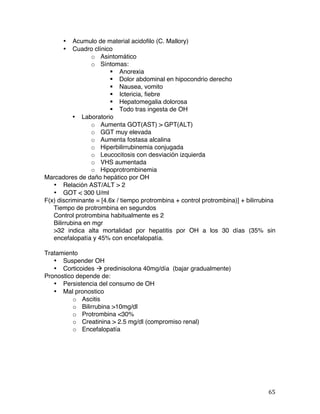   65	
  
• Acumulo de material acidofilo (C. Mallory)
• Cuadro clínico
o Asintomático
o Síntomas:
§ Anorexia
§ Dolor abdominal en hipocondrio derecho
§ Nausea, vomito
§ Ictericia, fiebre
§ Hepatomegalia dolorosa
§ Todo tras ingesta de OH
• Laboratorio
o Aumenta GOT(AST) > GPT(ALT)
o GGT muy elevada
o Aumenta fostasa alcalina
o Hiperbilirrubinemia conjugada
o Leucocitosis con desviación izquierda
o VHS aumentada
o Hipoprotrombinemia
Marcadores de daño hepático por OH
• Relación AST/ALT > 2
• GOT < 300 U/ml
F(x) discriminante = [4.6x / tiempo protrombina + control protrombina)] + bilirrubina
Tiempo de protrombina en segundos
Control protrombina habitualmente es 2
Bilirrubina en mgr
>32 indica alta mortalidad por hepatitis por OH a los 30 días (35% sin
encefalopatía y 45% con encefalopatía.
Tratamiento
• Suspender OH
• Corticoides à predinisolona 40mg/día (bajar gradualmente)
Pronostico depende de:
• Persistencia del consumo de OH
• Mal pronostico
o Ascitis
o Bilirrubina >10mg/dl
o Protrombina <30%
o Creatinina > 2.5 mg/dl (compromiso renal)
o Encefalopatía
 