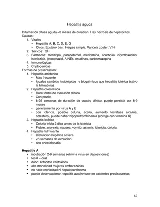   67	
  
Hepatitis aguda
Inflamación difusa aguda <6 meses de duración. Hay necrosis de hepatocitos.
Causas:
1. Virales
• Hepatitis A, B, C, D, E, G
• Otros: Epstein- barr, Herpes simple, Varicela zoster, VIH
2. Tóxicos: OH
3. Fármacos: metilfopa, paracetamol, metformina, acarbosa, ciprofloxacino,
isoniazida, jetoconazol, AINEs, estatinas, carbamazepina
4. Inmunológicas
5. Criptogenicas
Formas de presentación:
1. Hepatitis anicterica
• Mas frecuente
• Iguales cambios histológicos y bioquímicos que hepatitis ictérica (salvo
la bilirrubina)
2. Hepatitis colestasica
• Rara forma de evolución clínica
• Con prurito
• 8-29 semanas de duración de cuadro clínico, puede persistir por 8-9
meses
• generalmente por virus A y E
• con ictericia, posible coluria, acolia, aumento fosfatasa alcalina,
colesterol, puede haber hipoprotrombinemia (corrige con vitamina K)
3. Hepatitis ictérica
• Coluria inicia 2 días antes de la ictericia
• Fiebre, anorexia, nausea, vomito, astenia, ictericia, coluria
4. Hepatitis fulminante
• Disfunción hepática severa
• <8 semanas de evolución
• con encefalopatía
Hepatitis A
• incubación 2-6 semanas (elimina virus en deposiciones)
• fecal – oral
• daño: linfocitos citotoxicos
• alta mortalidad mujeres embarazadas
• no hace cronicidad ni hepatocarcinoma
• puede desencadenar hepatitis autoinmune en pacientes predispuestos
 