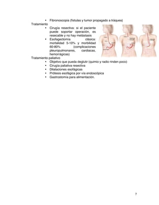   7	
  
• Fibronoscopia (fistulas y tumor propagado a tráquea)
Tratamiento
• Cirugía resectiva: si el paciente
puede soportar operación, es
resecable y no hay metástasis
• Esofagectomía clásica:
mortalidad 5-10% y morbilidad
60-80% (complicaciones
pleuropulmonares, cardiacas,
hemorrágicas)
Tratamiento paliativo
• Objetivo que pueda deglutir (quimio y radio rinden poco)
• Cirugía paliativa resectiva
• Dilataciones esofágicas
• Prótesis esofágica por vía endoscópica
• Gastrostomía para alimentación.
 