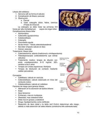   93	
  
Litiasis del colédoco:
1. Genuina (allí se forma el calculo)
2. Complicación de litiasis vesicular
3. Obstrucción
a. Parcial
b. Total: colangitis (dolor, fiebre, ictericia)
(Triada de Charcot)
La colangitis se debe tratar las primeras 6-8
horas por alta mortalidad por sepsis de origen biliar
Complicaciones litiasis biliar
• Asintomática
• Colecistitis aguda/crónica
• Coledocolitiasis
• Colangitis
• Pancreatitis aguda
• Sd de mirizzi – fistula colecistodueodenal
• Ileo bilair (impacto calculo en ileo)
• Cáncer vesicular
Tratamiento: litiasis biliar
• Colecistectomía: abierta (tradicional o minilaparotomia)
• Videolaparoscopia (colecistestomia que extrae
cálculos)
• Tratamiento medico: terapia de dilución con
acido ursodesoxicolico: 6-12 mg/trat. 58%
recidiva a los 5 años
• Terapia con ondas expansivas: litotripsia
• Terapia de disolución de contacto mediante
catéter percutáneo
Conceptos
• Colelitiasis: calculo en vesícula
• Colecistolitiasis: calculo estancado en inicio del
conducto cístico
• Coledocolitiasis: calculo en colédoco
Factores de riesgo para generar litiasis:
• Alteración en la secreción de lípidos biliares
• Edad
• Sexo femenino
• Embarazo, mas en mutiiparas
• Obesidad, mas colesterol biliar
• Dieta rica en grasas y colesterol
• Droga: hipolipemiantes como clofibrato
• Resección de ileon distal y la ileitis (enf Crohn) determinan alto riesgo,
debido a mala absorción de sales biliares (condiciona bilis sobresaturada)
 