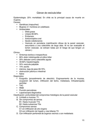   95	
  
Cáncer de vesícula biliar
Epidemiologia: 25% mortalidad. En chile es la principal causa de muerte en
mujeres.
Causas:
• Genéticas (mapuches)
• Mujeres 4:1 hombres en colelitiasis
• Ambientales
o Dieta grasa
o Litiasis 80-90%
o Embarazo
o Anticonceptivo oral
o Quiste coledocianos
o Vesícula en porcelana (calcificación difusa de la pared vesicular,
secundaria a una colecistitis de larga data. Al no ser evaluable el
lúmen vesicular, se extraen todas por el riesgo de que tengan un
cáncer.)
Clínica:
• Síntomas tardíos e inespecíficos
• 80% dolor indistinguible al cólico biliar
• 20% debutan como colecistitis aguda
• 40-60% hepatomegalia
• 55% vesícula palpable
• 14% ascitis
• ictericia, baja de peso 60-70%
• obstrucción pilórica e intestinal
• fiebre
Diagnostico
• Ecografía (procedimiento de elección). Engrosamiento de la mucosa,
ocupación del lumen, infiltración del lecho, metástasis, linfoadenopatia
perihiliar
• TAC
• RNM
• Punción percutánea
• Laparoscopia diagnostica
Clasificación: profundidad del compromiso histológico de la pared vesicular
A. Limitado a mucosa. T1.
B. Sin compromiso de serosa
B1. Hasta muscular T1b
B2. Hasta subserosa T2a
C. Compromiso serosa
C1 sin infiltración de otro órgano
C2 con infiltración de hígado y vías biliares T3
D. Con infiltración peritoneal de órganos vecinos o con metástasis
 
