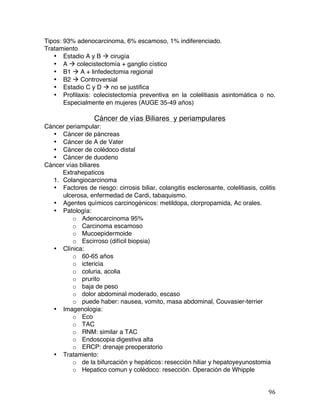   96	
  
Tipos: 93% adenocarcinoma, 6% escamoso, 1% indiferenciado.
Tratamiento
• Estadio A y B à cirugía
• A à colecistectomía + ganglio cístico
• B1 à A + linfedectomia regional
• B2 à Controversial
• Estadio C y D à no se justifica
• Profilaxis: colecistectomía preventiva en la colelitiasis asintomática o no.
Especialmente en mujeres (AUGE 35-49 años)
Cáncer de vías Biliares y periampulares
Cáncer periampular:
• Cáncer de páncreas
• Cáncer de A de Vater
• Cáncer de colédoco distal
• Cáncer de duodeno
Cáncer vías biliares
Extrahepaticos
1. Colangiocarcinoma
• Factores de riesgo: cirrosis biliar, colangitis esclerosante, colelitiasis, colitis
ulcerosa, enfermedad de Cardi, tabaquismo.
• Agentes químicos carcinogénicos: metildopa, clorpropamida, Ac orales.
• Patología:
o Adenocarcinoma 95%
o Carcinoma escamoso
o Mucoepidermoide
o Escirroso (difícil biopsia)
• Clínica:
o 60-65 años
o ictericia
o coluria, acolia
o prurito
o baja de peso
o dolor abdominal moderado, escaso
o puede haber: nausea, vomito, masa abdominal, Couvasier-terrier
• Imagenologia:
o Eco
o TAC
o RNM: similar a TAC
o Endoscopia digestiva alta
o ERCP: drenaje preoperatorio
• Tratamiento:
o de la bifurcación y hepáticos: resección hiliar y hepatoyeyunostomia
o Hepatico comun y colédoco: resección. Operación de Whipple
 