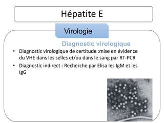 Hépatite E
• Diagnostic virologique de certitude :mise en évidence
du VHE dans les selles et/ou dans le sang par RT-PCR
• Diagnostic indirect : Recherche par Elisa les IgM et les
IgG
Virologie
Diagnostic virologique
 
